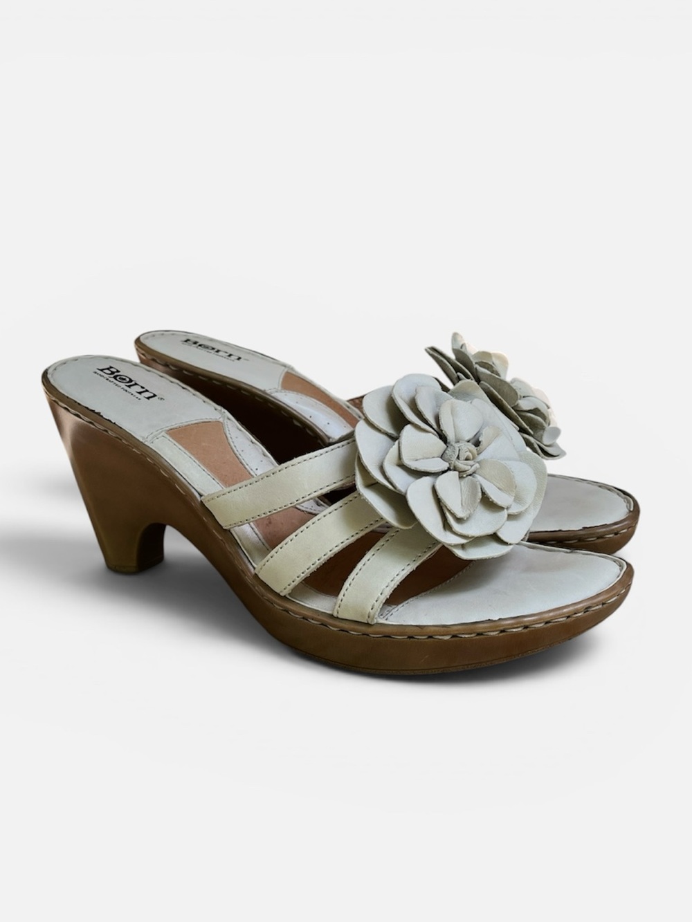 Børn Geranium Leather Flower Wedge Sandals Slide Heel in White Sz 11